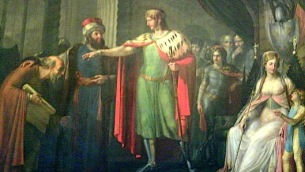 Costantino l'Africano viene presentato alla corte di Roberto il Guiscardo e Sichelgaita di Salerno (Pietro Diacono, De viris illustribus archimonasterii Casinensis)