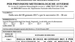 Il messaggio di allertamento diramato dalla Protezione Civile Calabria