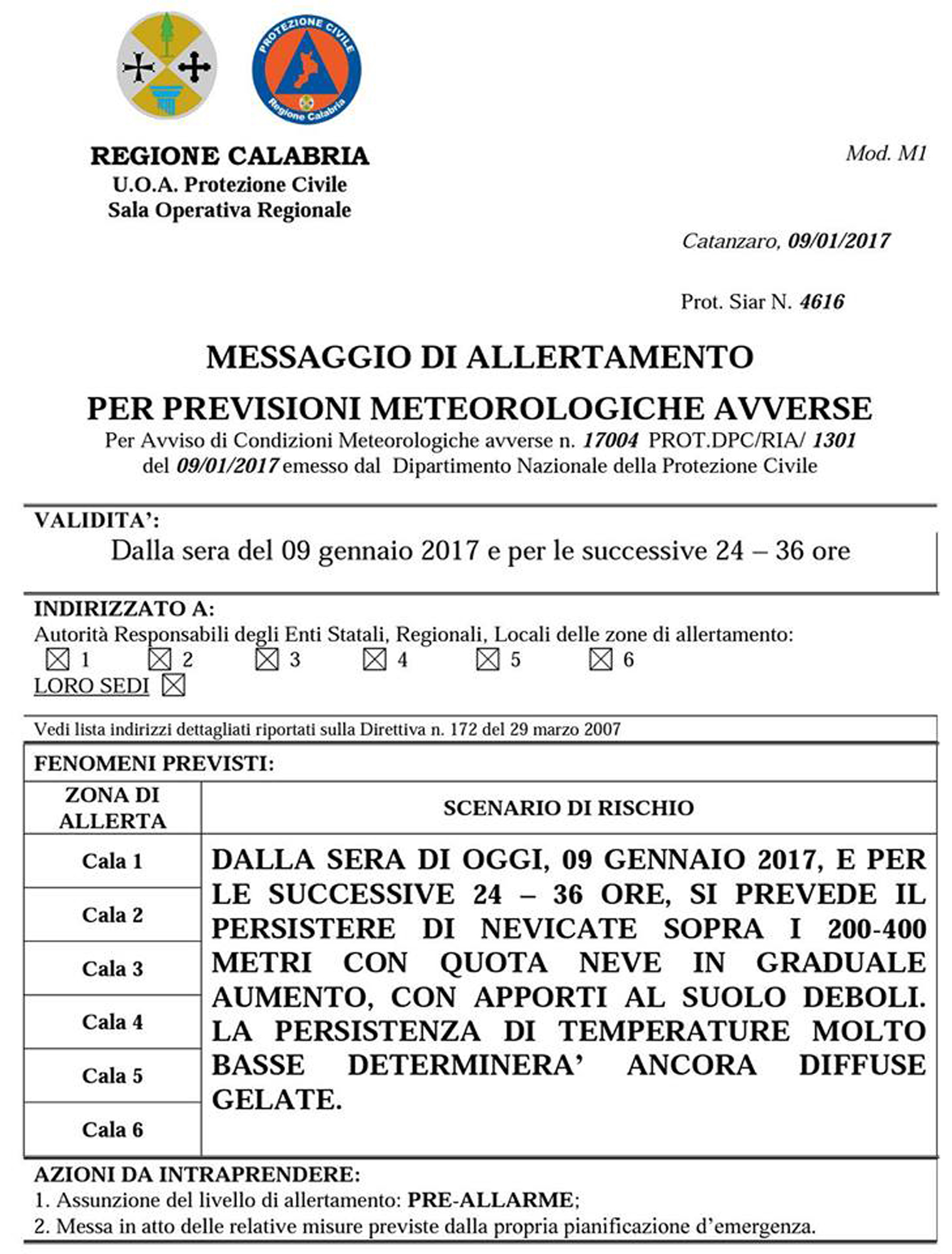 Il messaggio di allertamento diramato dalla Protezione Civile Calabria