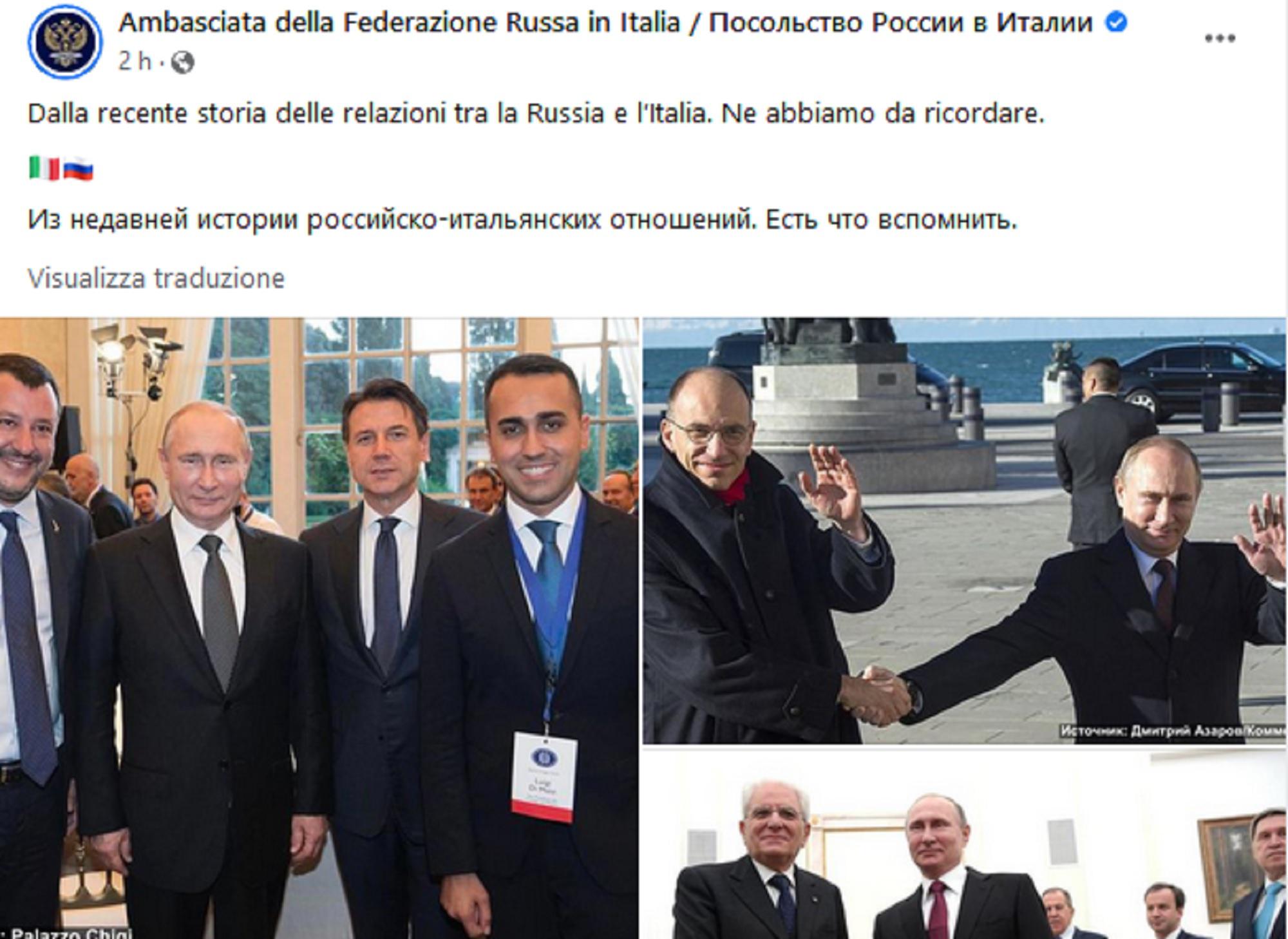 Ambasciata russa pubblica foto Putin con leader italiani: "C'è molto da ricordare"