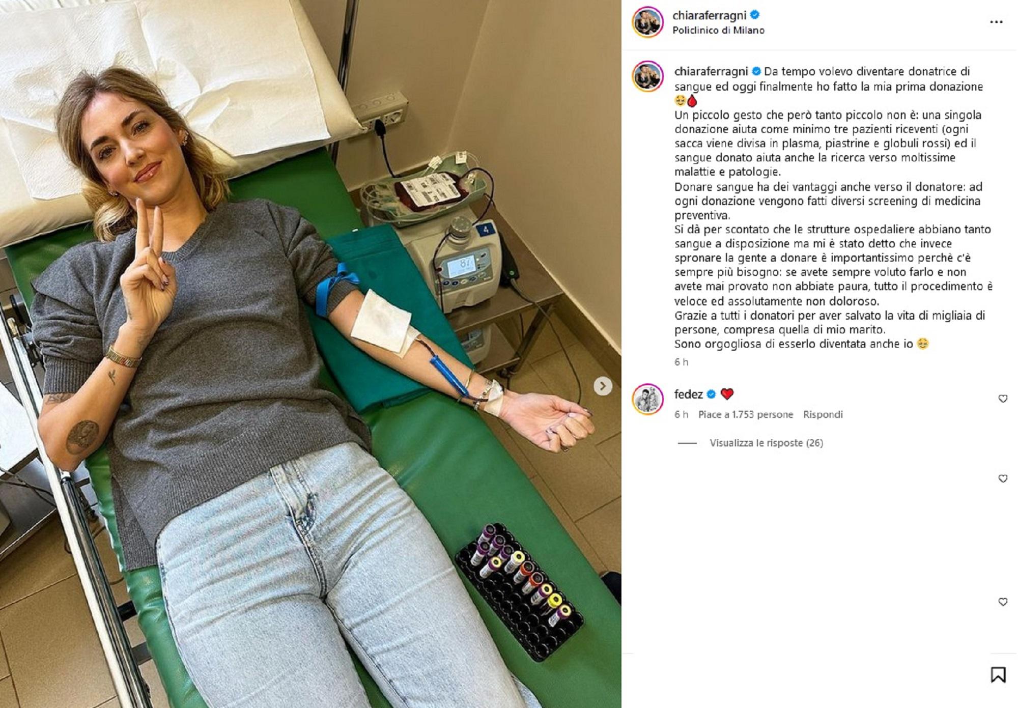 Chiara Ferragni dona sangue per la prima volta: "Grata a chi ha salvato Fedez"