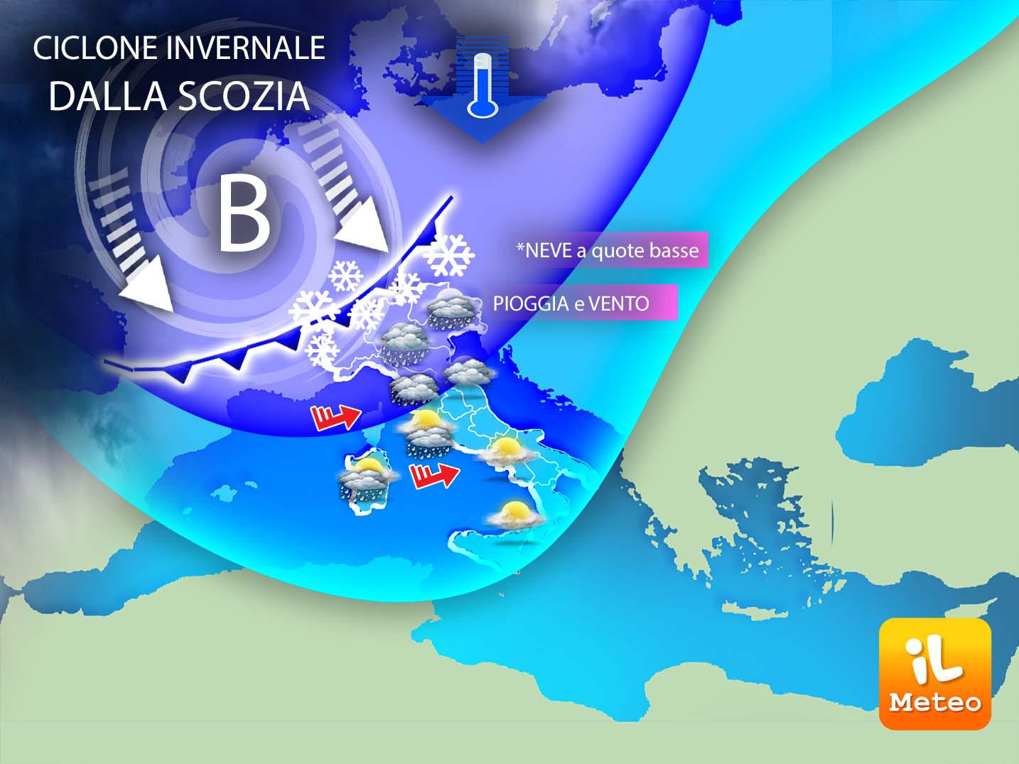 Ciclone invernale dalla Scozia, weekend di pioggia e freddo
