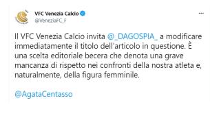 "Da Dagospia titolo becero su Centasso", il tweet del Venezia Calcio