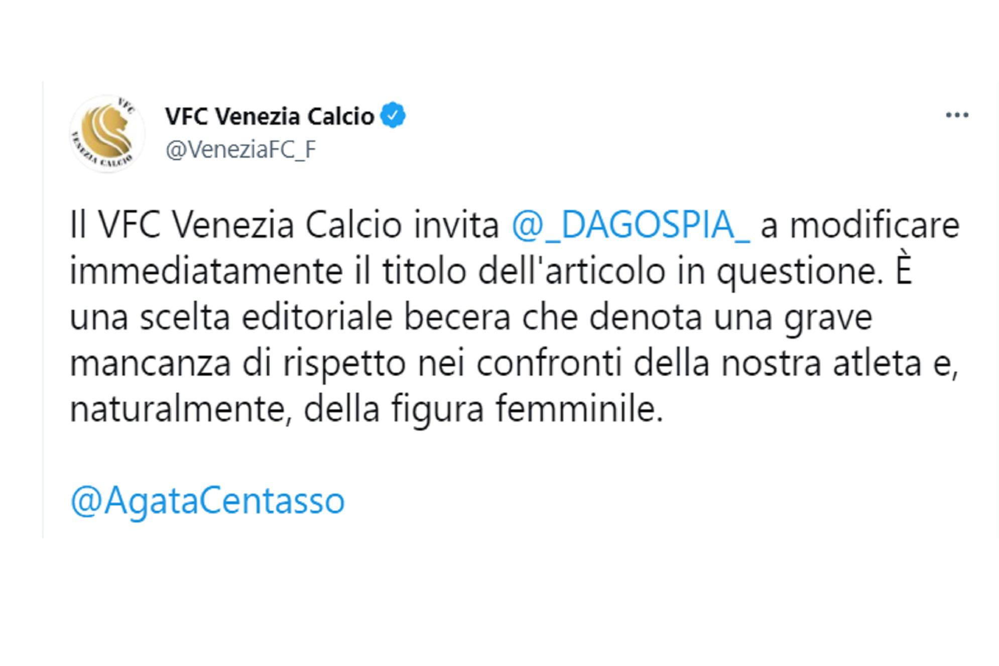 "Da Dagospia titolo becero su Centasso", il tweet del Venezia Calcio