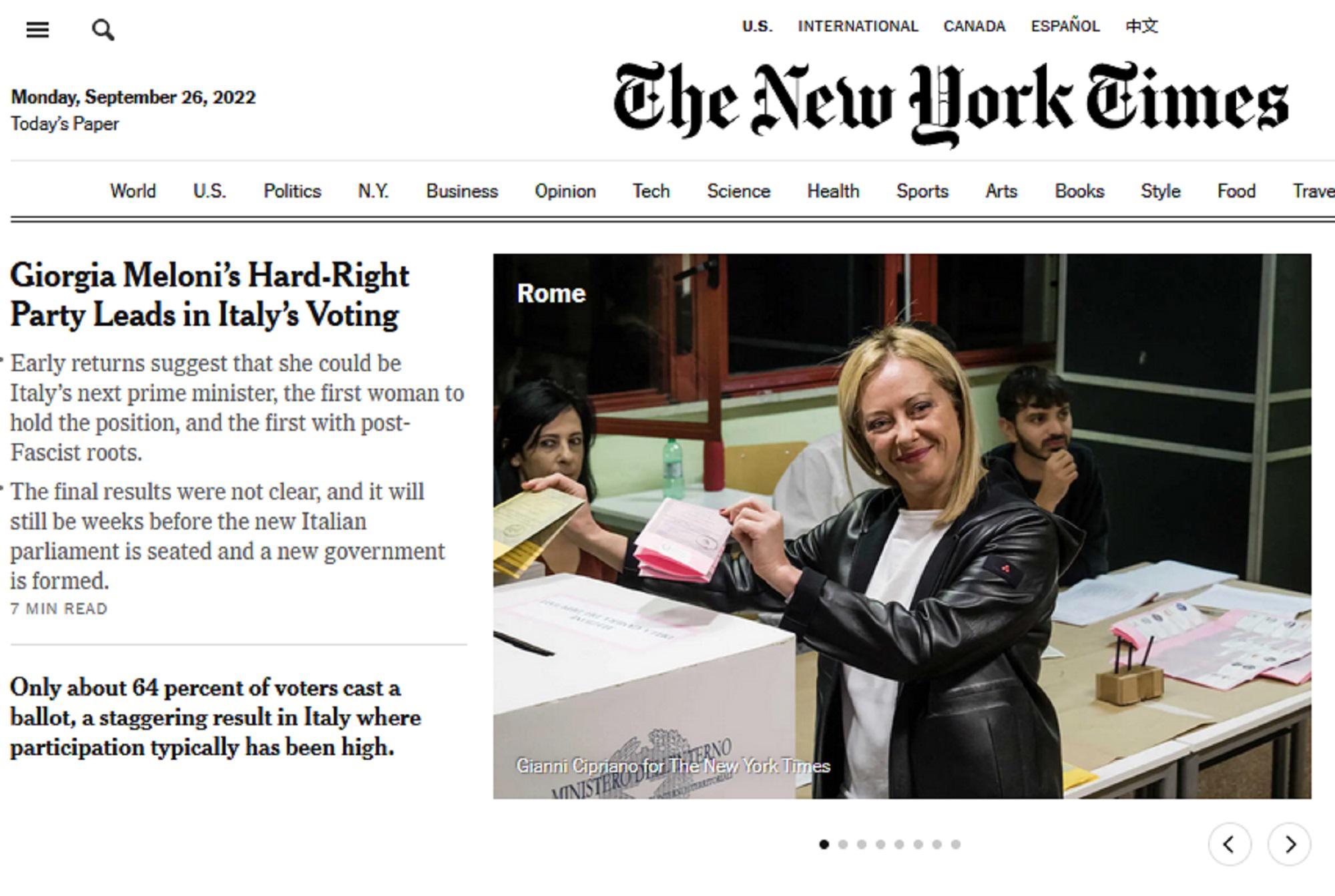 Elezioni 2022, Nyt: "Da Italia onda d'urto che volta pagina nella storia europea"
