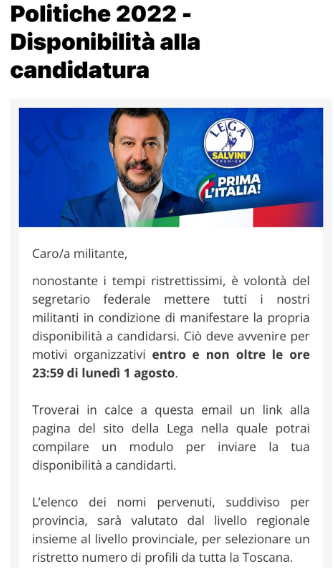 Elezioni 2022, Salvini a militanti Lega: "Inviate curriculum per candidatura"