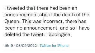 Giornalista Bbc twitta "Regina Elisabetta è morta" e poi cancella