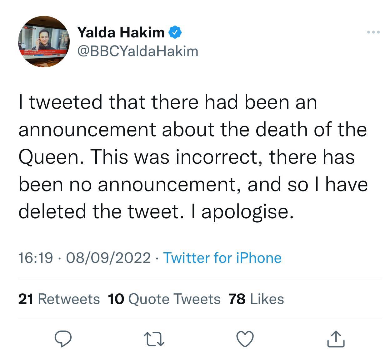 Giornalista Bbc twitta "Regina Elisabetta è morta" e poi cancella
