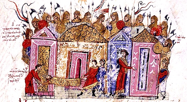 Le guardie variaghe, immagine tratta dal manoscritto di Madrid Skylitzis (XII secolo)