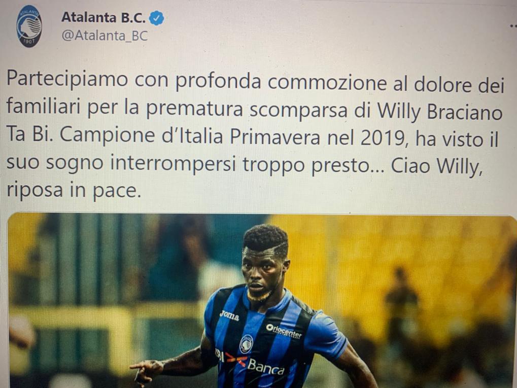 Morto a 21 anni Willy Ta Bi, campione con Atalanta Primavera