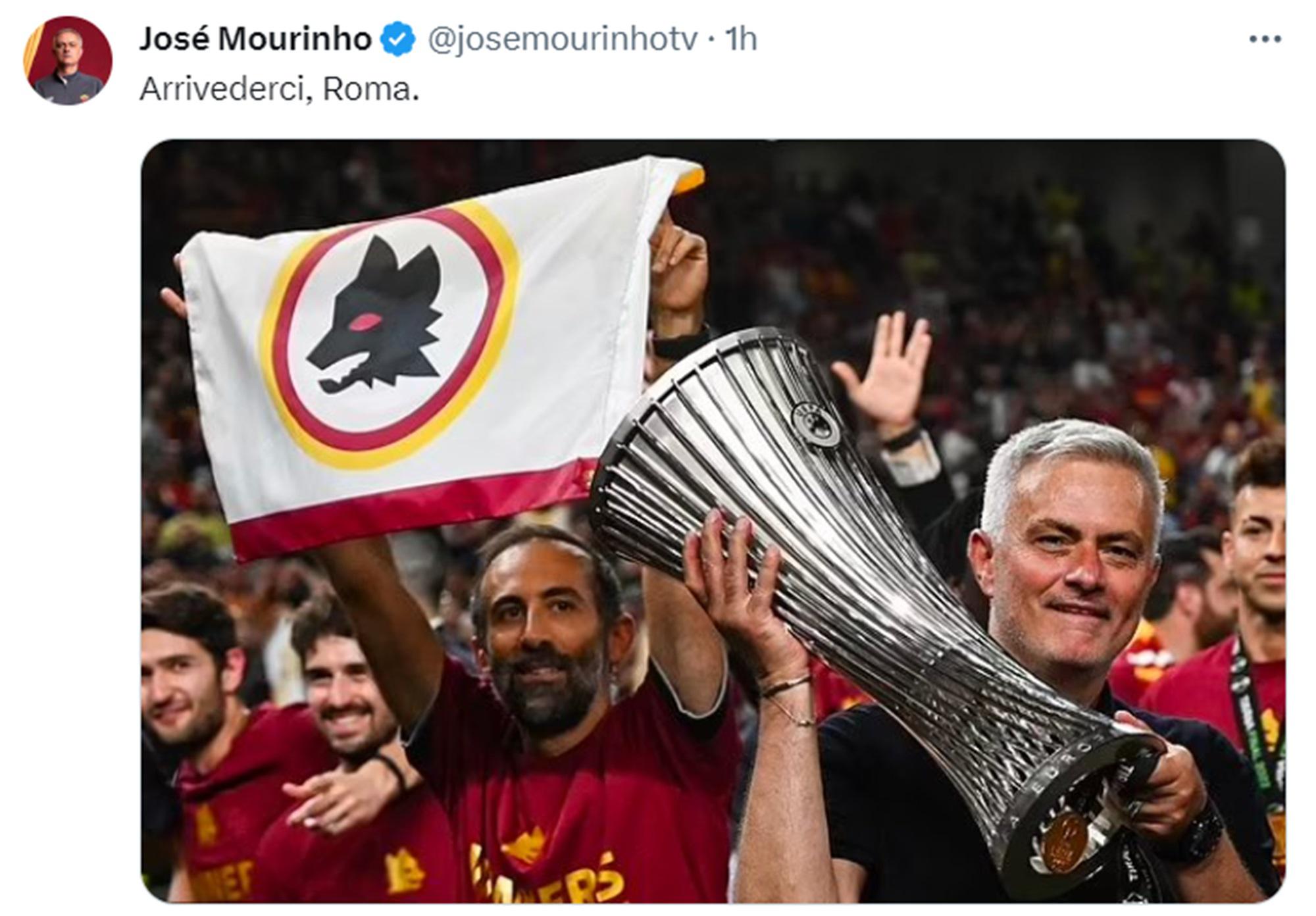 Mourinho esonerato, il saluto su X: "Arrivederci Roma"