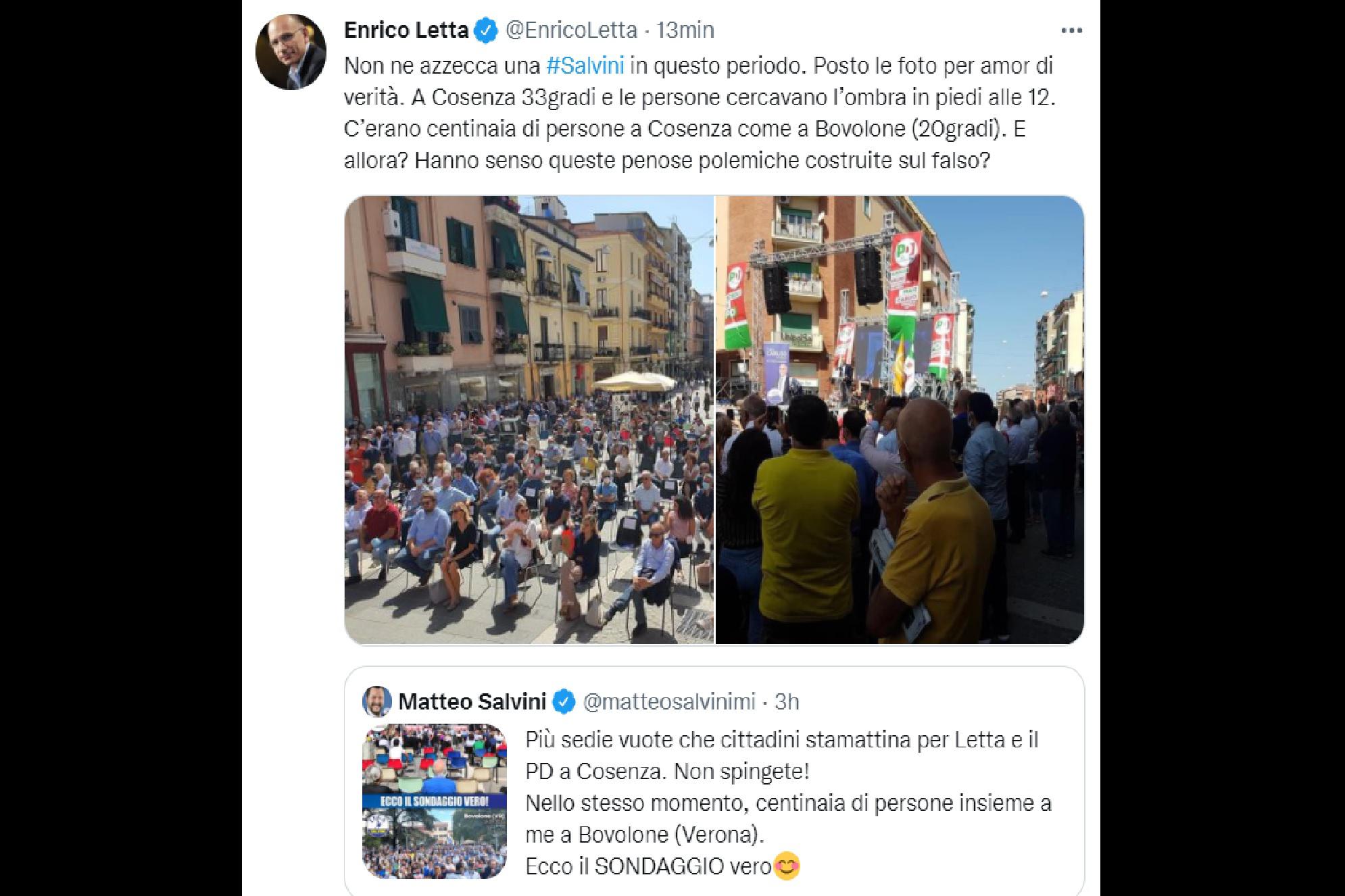 Salvini vs Letta, botta e risposta Twitter sul comizio Pd