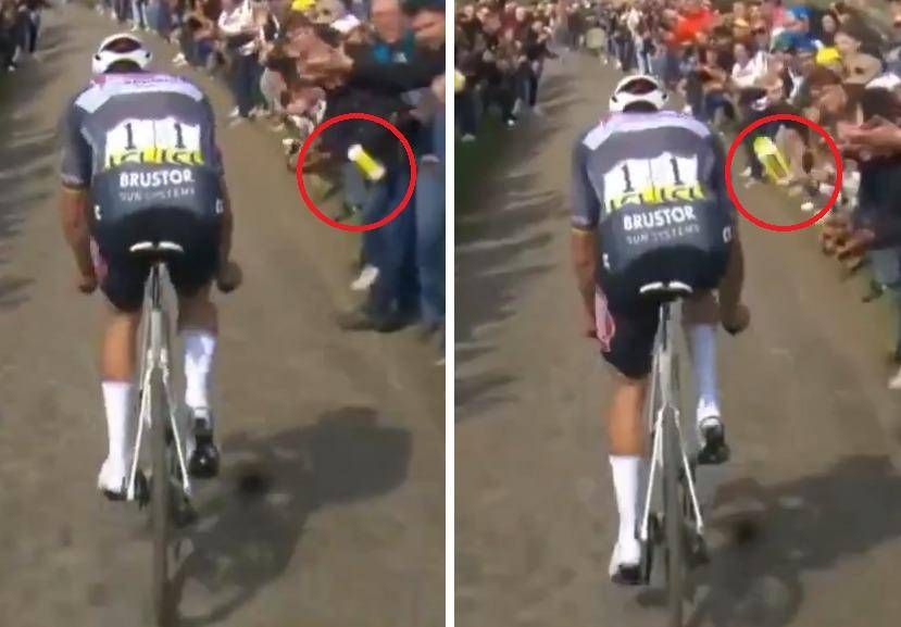Scandalo Parigi-Roubaix, tifoso lancia borraccia in faccia a Van der Poel - Video