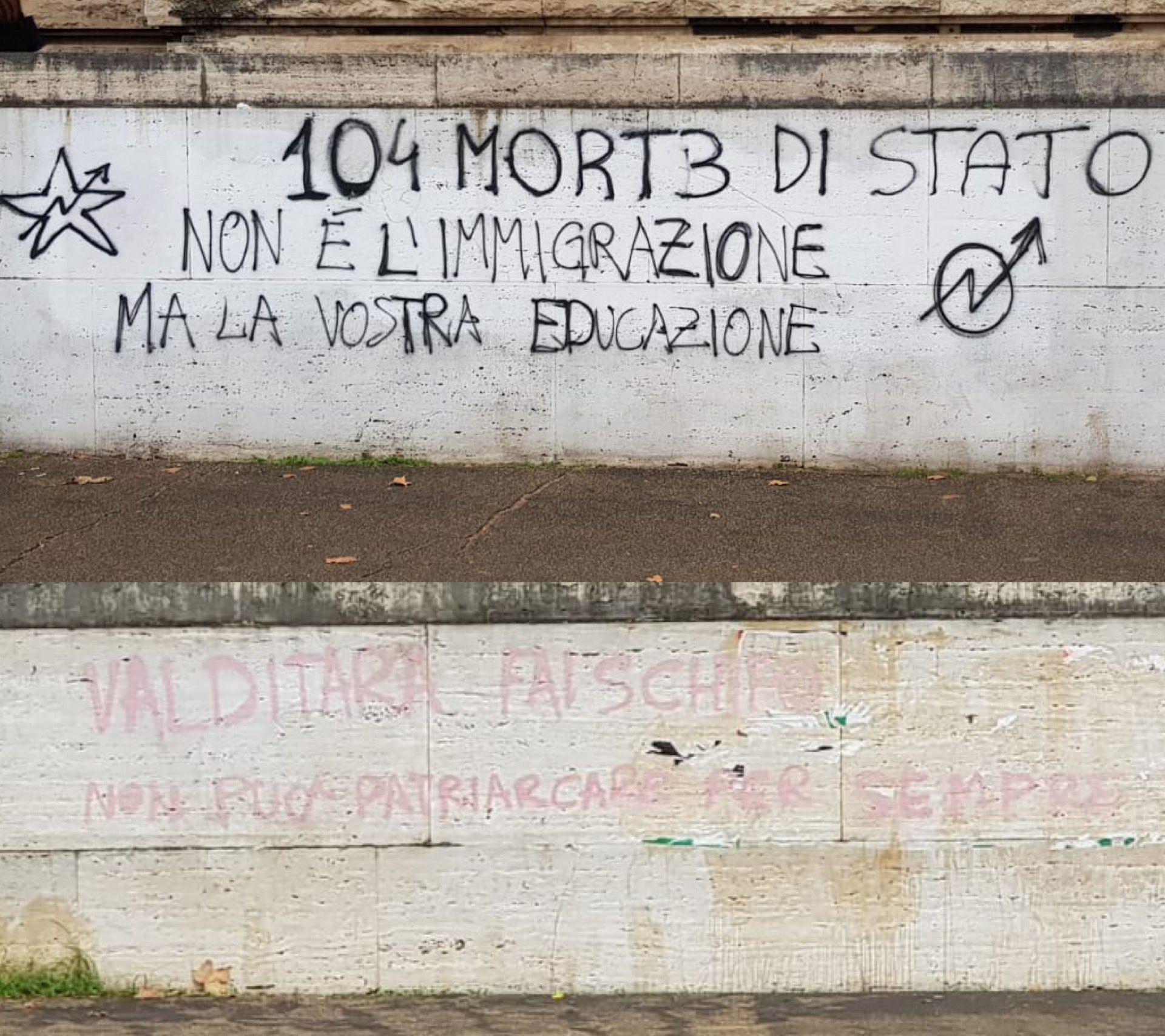 Scritte contro Valditara al ministero dell'Istruzione, simboli anarchici e stella a 5 punte