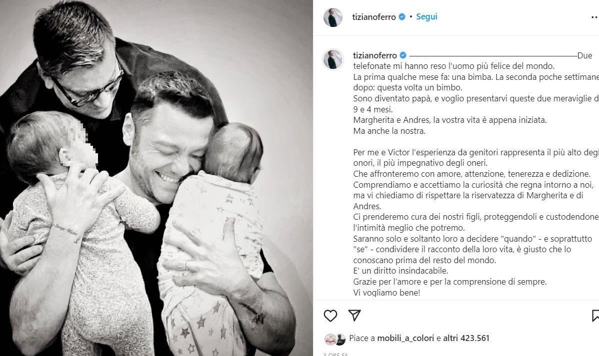 Tiziano Ferro papà di due bimbi, foto di famiglia sui social